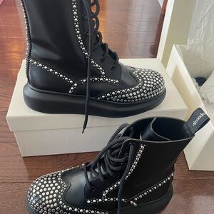 Alexander McQueen Black Lace Up Boots with Silver Studs